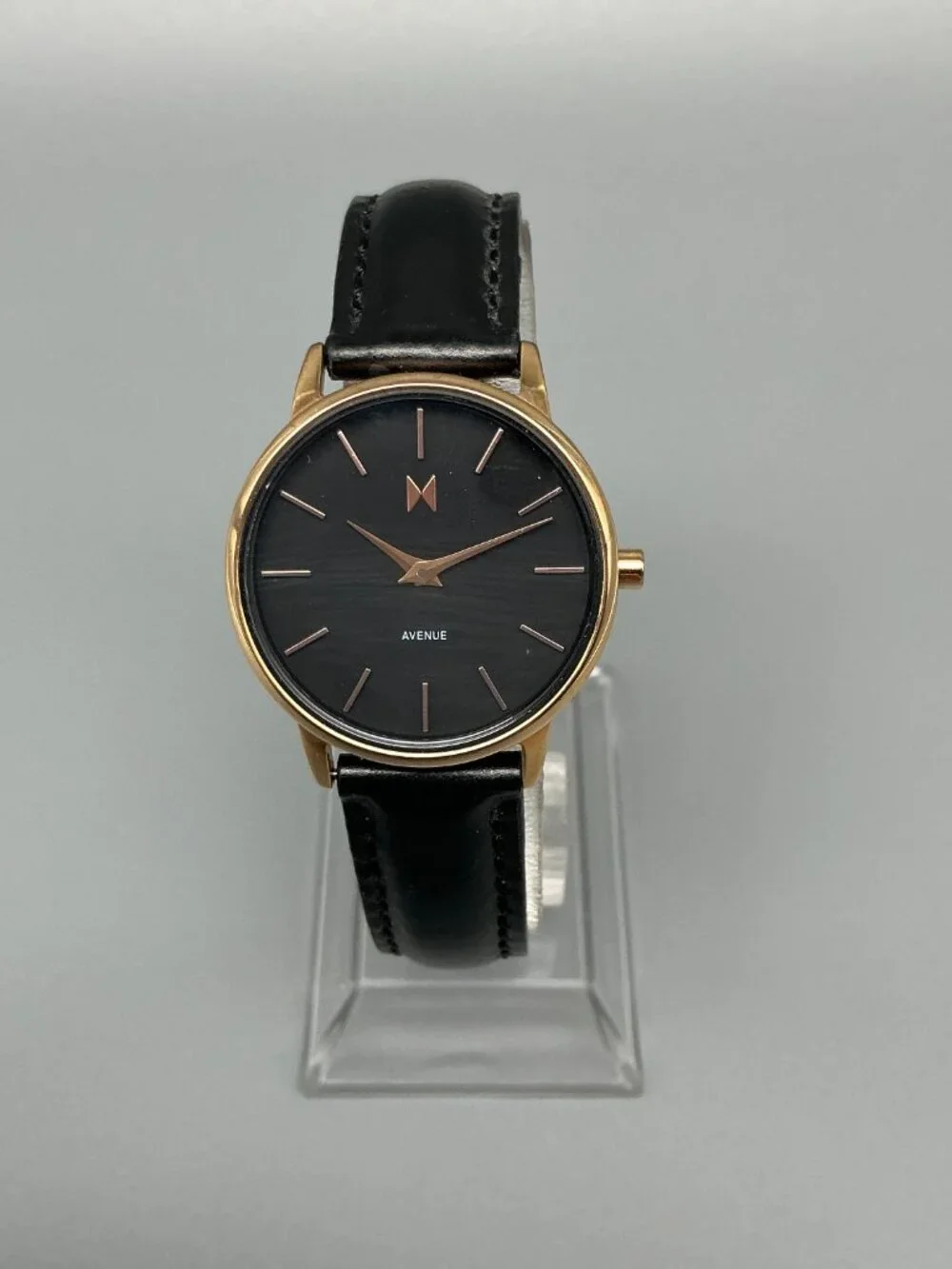 MVMT Madison Avenue Womens Watch 28mm Gold Tone Black Leather Band New Battery